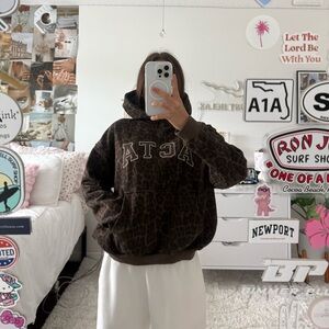 ACTA Cheetah/Leopard Print Chocolate Brown Embroidered Hoodie
